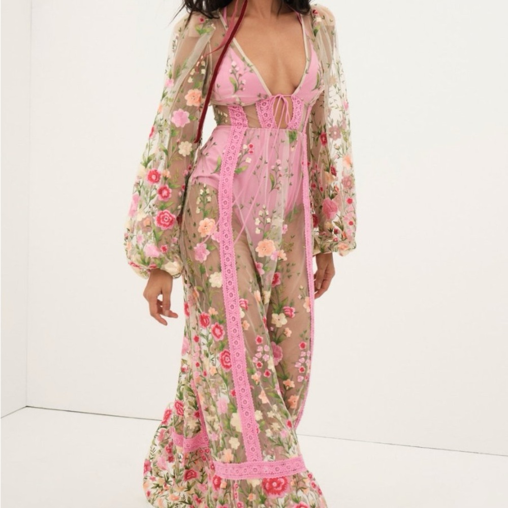 For Love & Lemons Sheer Floral Embroidered Luna Maxi